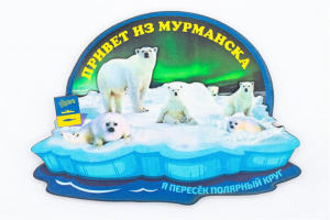 Магнит 3D "Мишки и нерпы на льдине / Привет из Мурманска", фанера